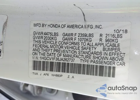 2018 Honda Accord Sport from USA, damaged, VIN 1HGCV1F36JA262737